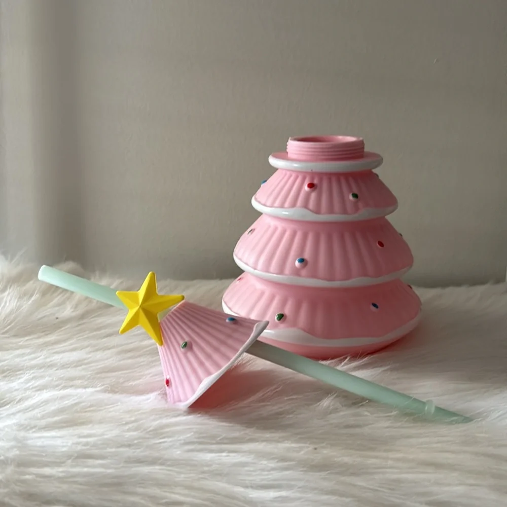 New! Pink Novelty Christmas Tree Tumbler w/ straw by Target Bullseye Playground